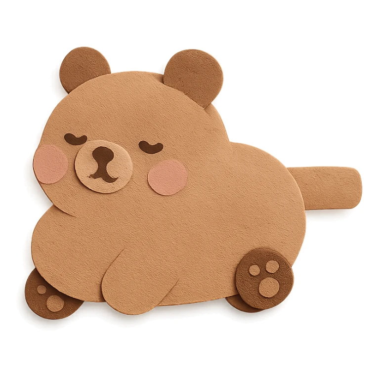 fluffy vacuum cleaner bear rolling adorably with tiny paw wheels, soft brown pastel, full-body sticker