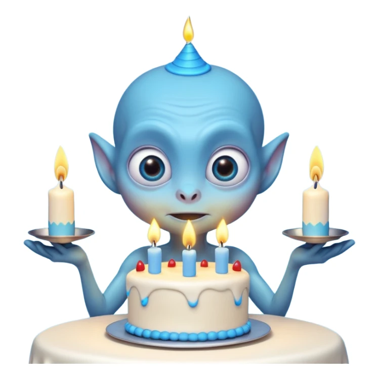 A cute friendly alien holding a birthday cake with candles, big expressive eyes, bright colors, cartoon style, playful atmosphere, 3D animated look, Pixar-inspired, highly detailed
 sticker