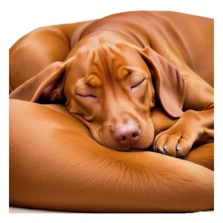 Meme-Worthy Cute Sleeping Vizsla Portrait Emoji, Head resting peacefully with a contented smile, showcasing a sleek, athletic build and a luxuriously soft rust and gold Fur, eyes shut in a serene nap, Simplified yet hilariously adorable features, highly detailed, glowing with a soft, drowsy light, high shine, relaxed and utterly lovable, stylized with an air of playful laziness, bright and heartwarming, soft glowing outline, capturing the essence of a comically sleepy companion, so meme-worthy it feels like it could instantly become the next viral sensation of adorable slumber! sticker