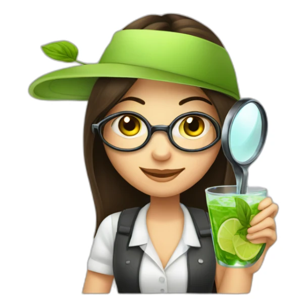 brunette girl with magnifying glass and mojito sticker