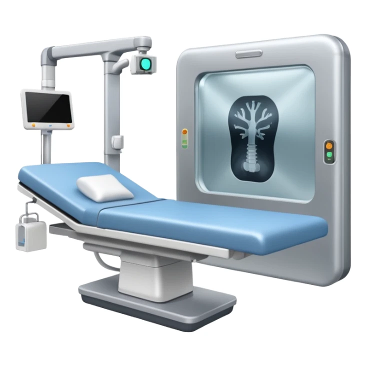 A radiology room showing an X-ray machine and sliding panel bed.
 sticker