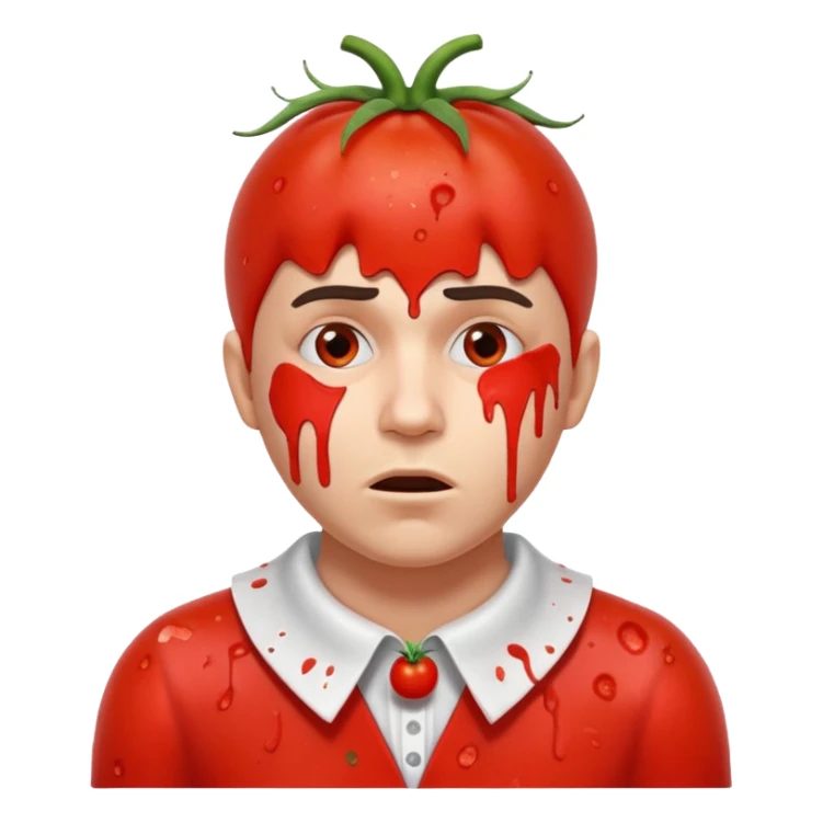 failed stage performer portrait, head and shoulders only, tomato splatters on face, embarrassed expression, torn theater costume collar, dramatic stage makeup, comedy tragedy vibe, 3D cartoon, mobile game icon style, clean background, no text, no watermark
 sticker