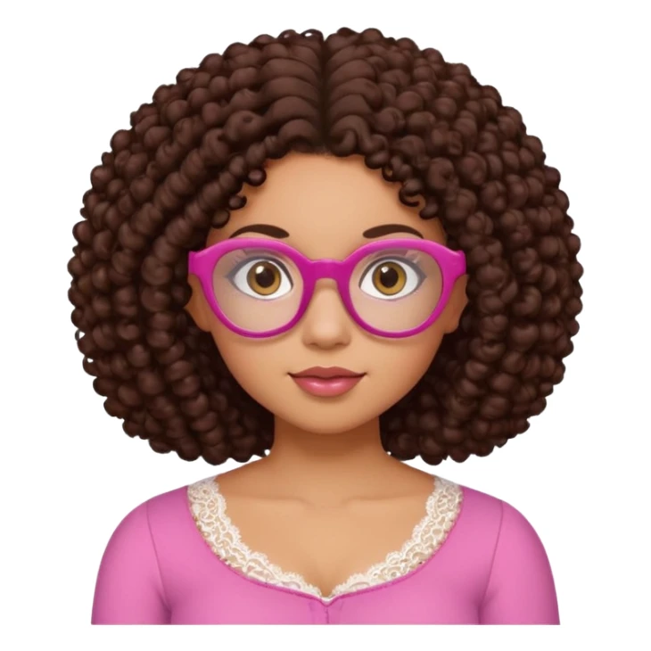medium-light kinned afro-latina girl with medium length chocolate brown side part curly hair, brown eyes, pink sweetheart necklined top with lace, round wide-ish nose, chubby oblong shaped face, brown glasses sticker
