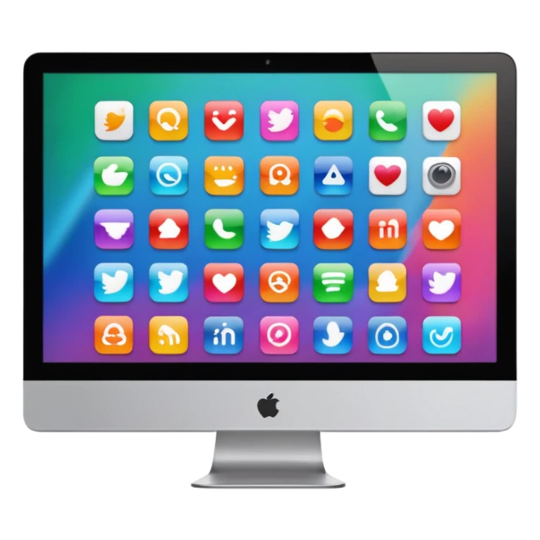 Emoji style iMac screen displaying app icons in grid sticker