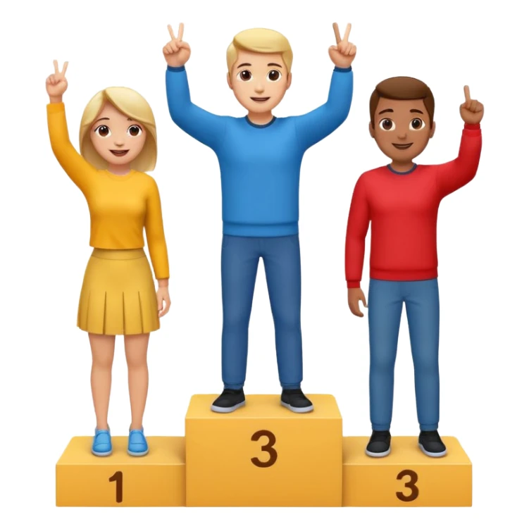 three casually dressed people on a winners podium with no label, middle step higher, each on their step, center person holds up one finger on each hand, fun expressive cheerful emoji style sticker