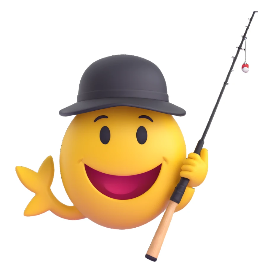 smiley face holding a fishing pole and wearing a fishing cap sticker