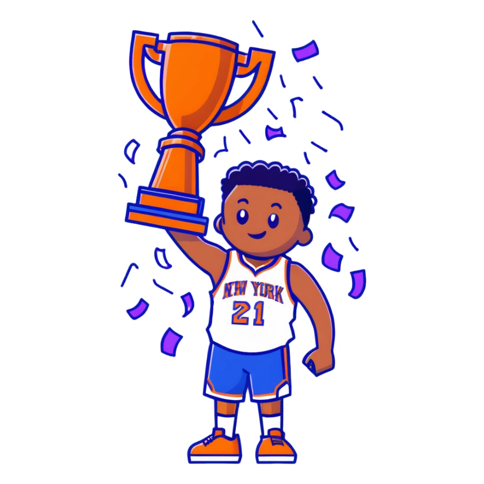 New York Knicks basketball player celebrating with NBA championship trophy, confetti, blue and orange sticker