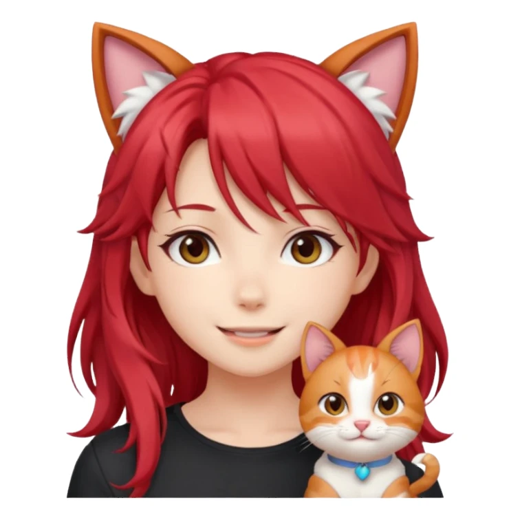 cute anime girl with cat ears, red blowing hair sticker