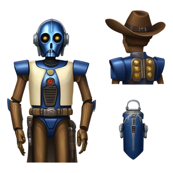 human-sized darkblue-pearl friendly bounty hunter c3po droid wearing a leather wild west duster. backpack, saddlebags holding light saber ready to fight but relaxed. antique sticker
