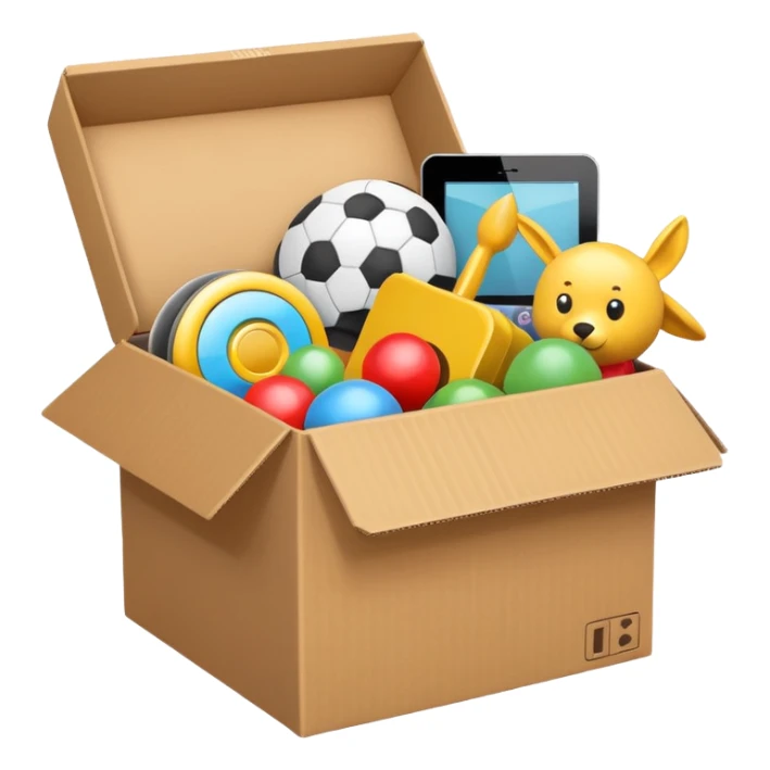 cardboard box with toys, rc, books, CD, realistic sticker