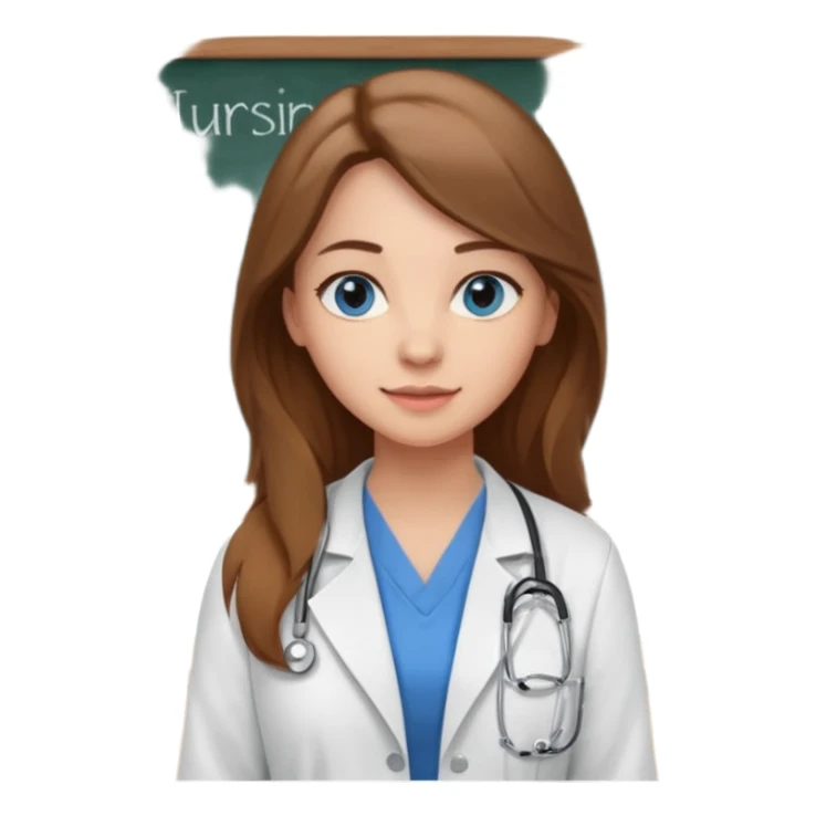 university classroom that says nursing school on the blackboard with a pretty female nursing student with long brown hair, blue eyes sticker