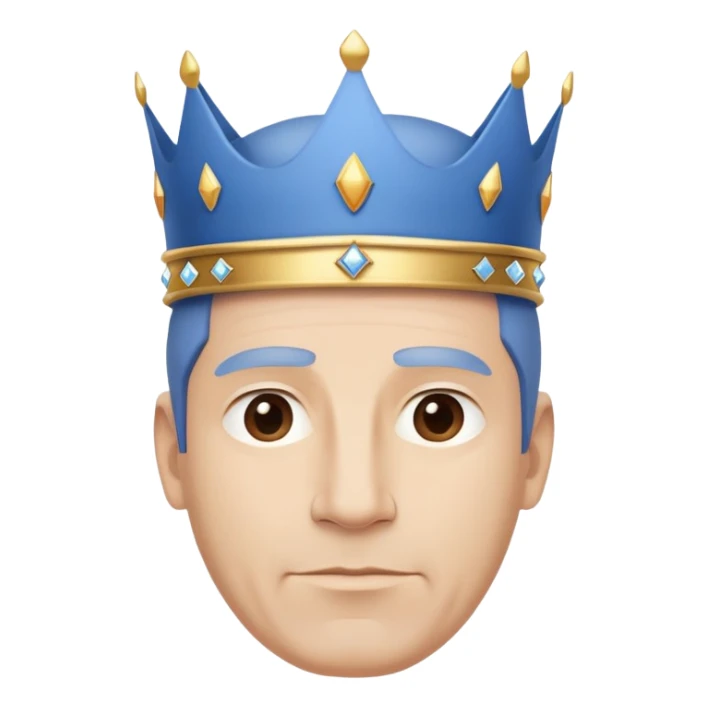 A friendly, clean-shaven middle-aged man wearing a large, plain blue crown bigger than his face. The crown has a wide base, no details or gems. Minimalist, modern style inspired by Apple aesthetics — clean lines, soft lighting, neutral background. sticker