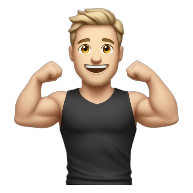 Joyful Celebrating victory Pale skinned Fit Man With the biceps and dark brown hair in black shirt, gray sports shorts and white Sneakers sticker