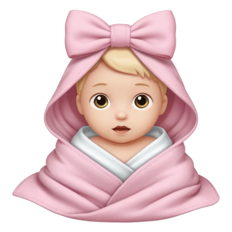 Baby in a light pink blanket with a white bow sticker