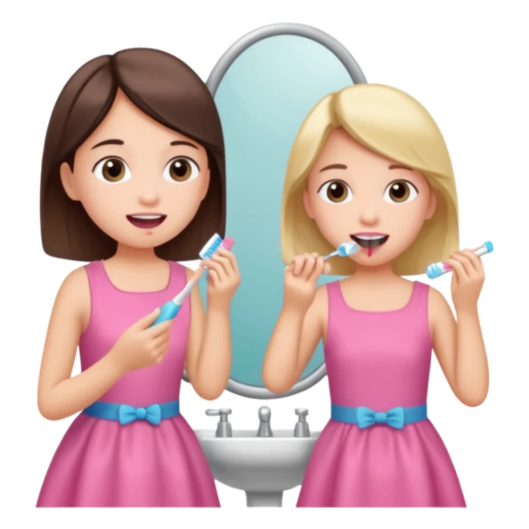 Girl brushing her teeth with her mom looking in mirror wearing pink sticker