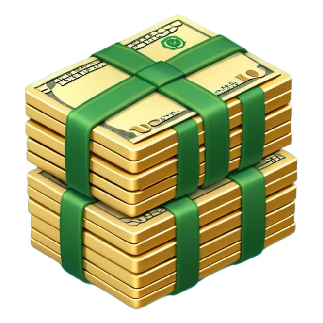 3D icon of stacked US dollar bundles with green straps, isometric view, game style sticker