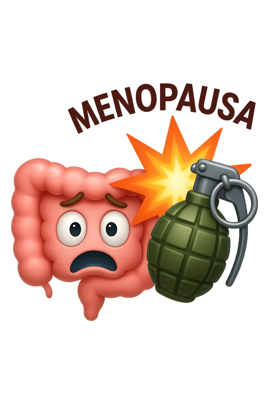 EMOJI STILE IPHONE 3D DI INTESTINO 3D CON ESPRESSIONE SPAVENTATA IN VOLTO MENTRE ACCANTO A LUI SCOPPIA UNA GRANATA 3D CON LA SCRITTA "MENOPAUSA" SOPRA, FAGLI ANCHE LA PARTE BIANCA DEGLI OCCHI, NON SOLO LA PUPILLA sticker