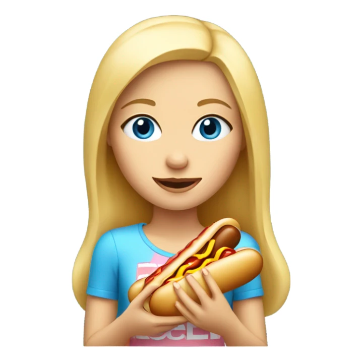 Blonde girl with blue eyes with a hot dog sticker