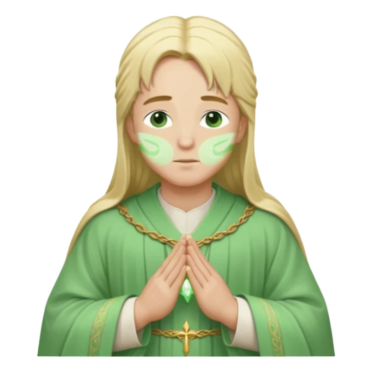 a young bishop, green eyes, long blonde hair, light green wide, flowing outer robe. hands clasped together, eys closed. Soft light, subtle fern. Waist-up, profile. sticker