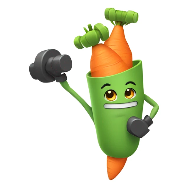 Generate an energetic carrot emoji wearing a sweatband, lifting tiny dumbbells, and looking motivated. sticker