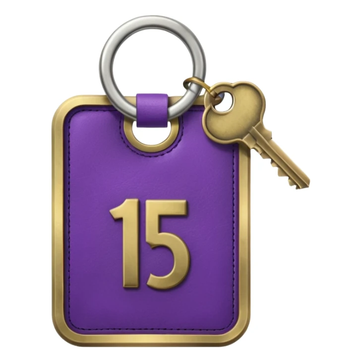 antique silver brass hotel key with large purple leather room number tag sticker