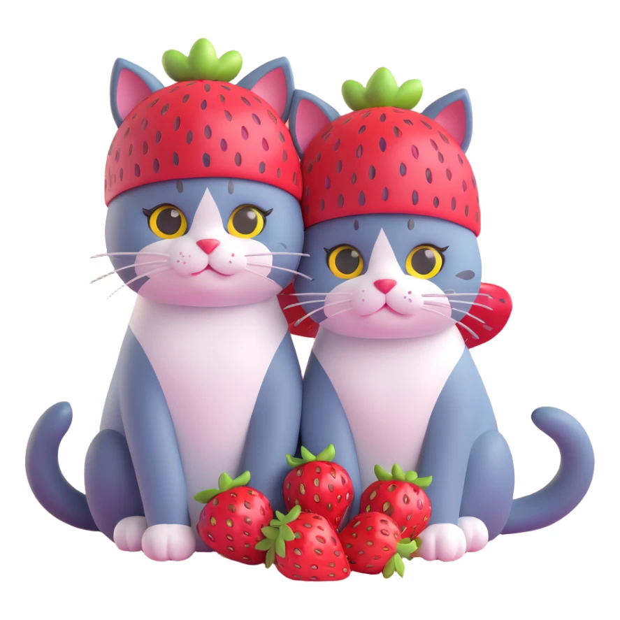 Two cats sitting closely together, both with strawberry hats on their heads sticker