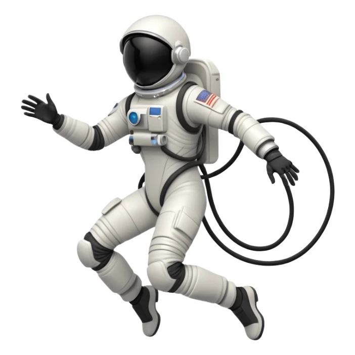 Stylized futuristic astronaut in mid-flight pose, heroic silhouette, dynamic diagonal motion lines sticker