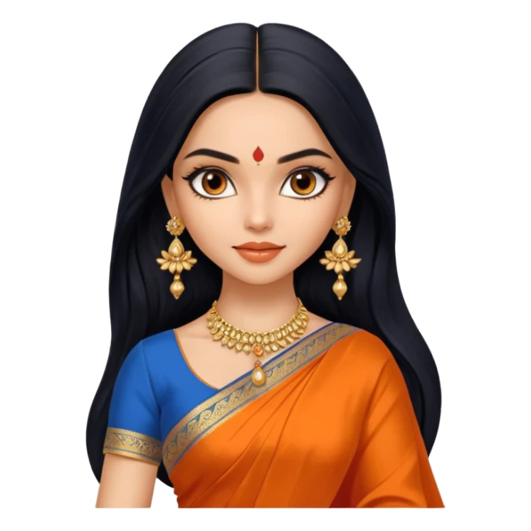 generate a pretty bratz Deepika Padukone with long black hair middle parted.
Wearing an orange saree with a blue blouse, golden jhumkas
SHe shoudl look like deepika padukone sticker