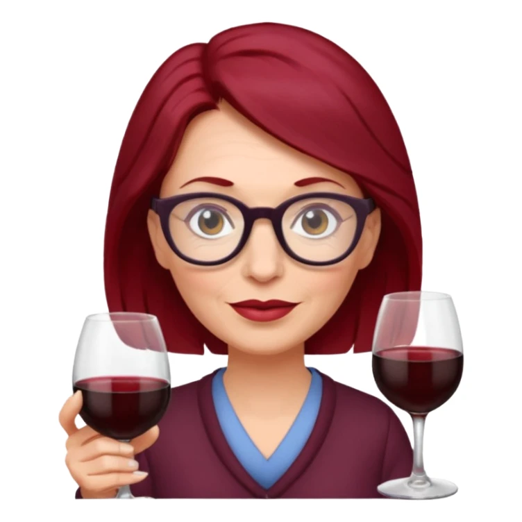 female older mom with dark wine-red hair, glasses sticker