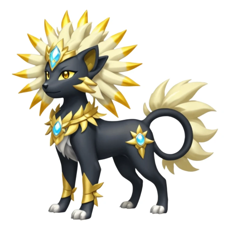 Solarpunk solar aesthetic shiny glowing divine lighting glimmering shimmering Amaura-Solgaleo-Luxray-Trico-fusion (full body) sticker