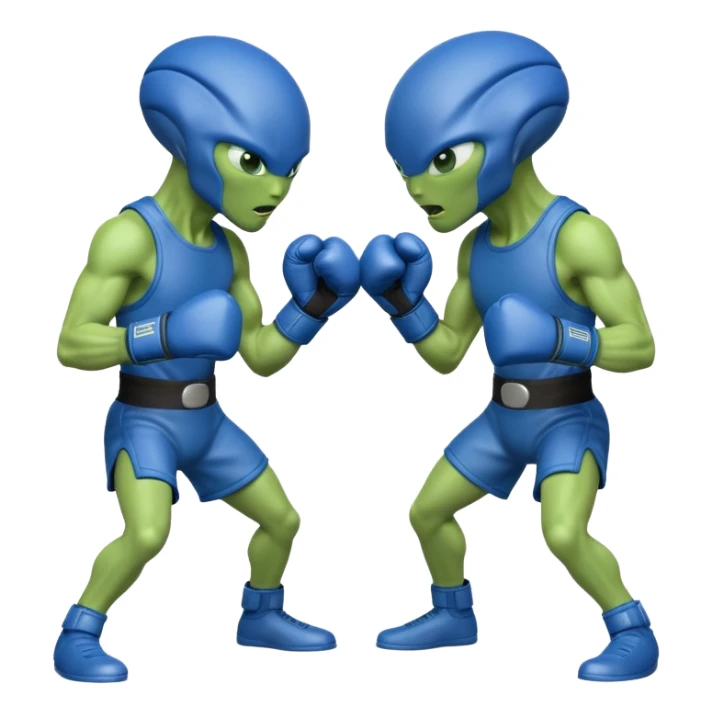 two aliens boxing in a fight stance, facing each other with raised gloves, dynamic action pose, intense expressions, sci-fi arena vibe, 3D cartoon style, mobile game icon style, clean background, no text, no watermark
 sticker