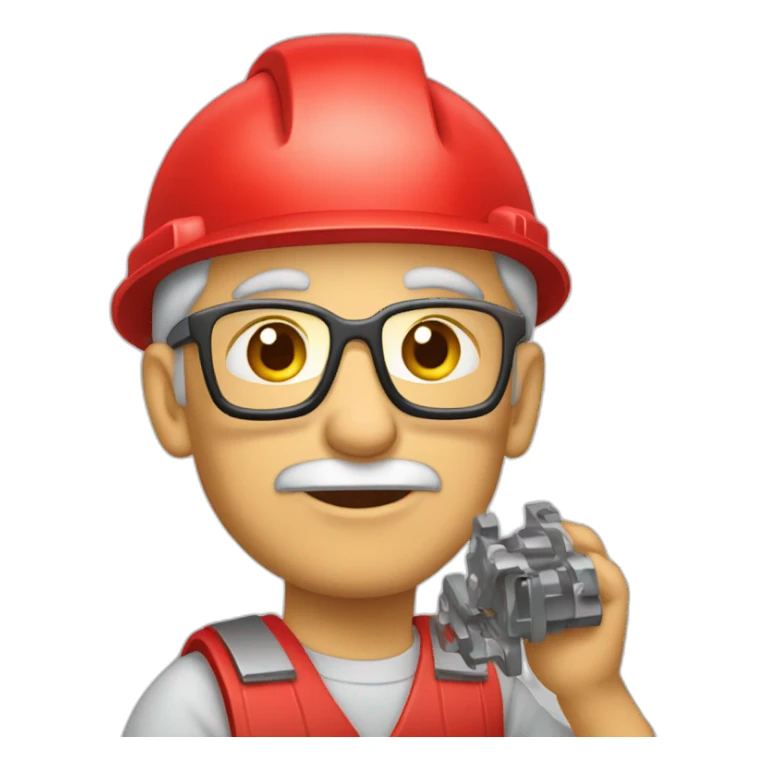 Industrial professional senior mechanical assembler working on the assembly of heavy machinery with a red outfit sticker