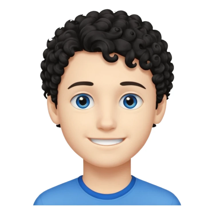 boy, young face like 18 years, blue eyes, medium curly hair black, easy smile sticker