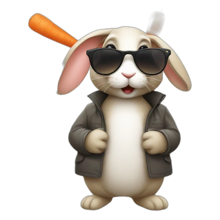 Rabbit with sunglasses and wearing a coat with carrot in his mouth sticker