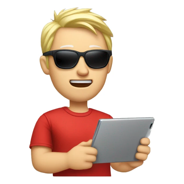 Nerdy middle aged white man with short blond spiky hair looking confused and wearing sunglasses and a red tee shirt holding an electronic tablet sticker