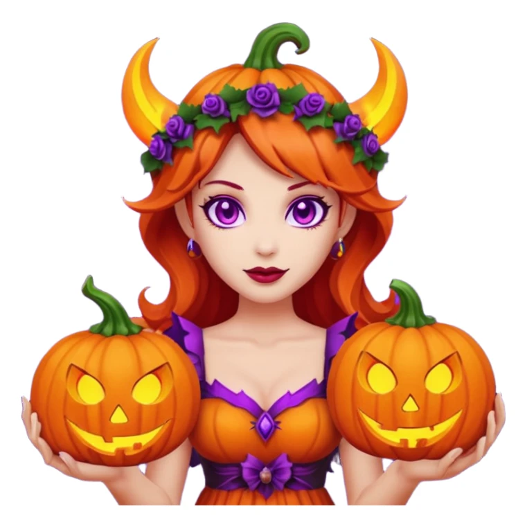 female-succubus-emoji,-red-skin,-purple-eyes,-elegant-face,-pumpkin-wreath-on-head,-with,-holding-small-glowing-pumpkin-lantern,-halloween-fantasy sticker