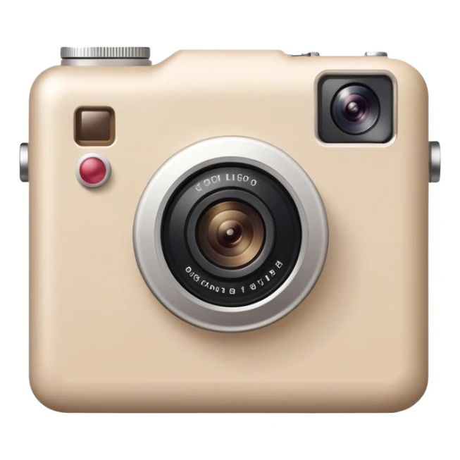 A beige camera with a photo frame next to it on the back of the camera sticker