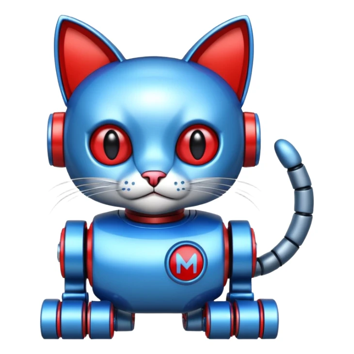 generate robot cat, glossy, realstic, red and blue color, write on text "LMX" sticker