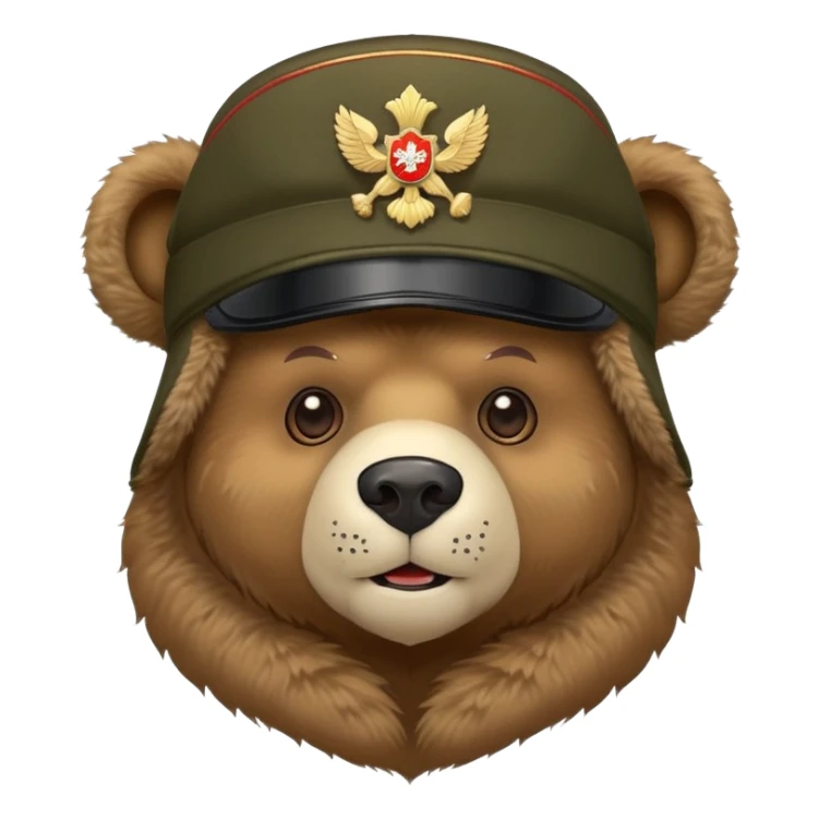 Cartoon Russian bear head wearing military style ushanka hat with Russian emblem, iOS emoji style sticker