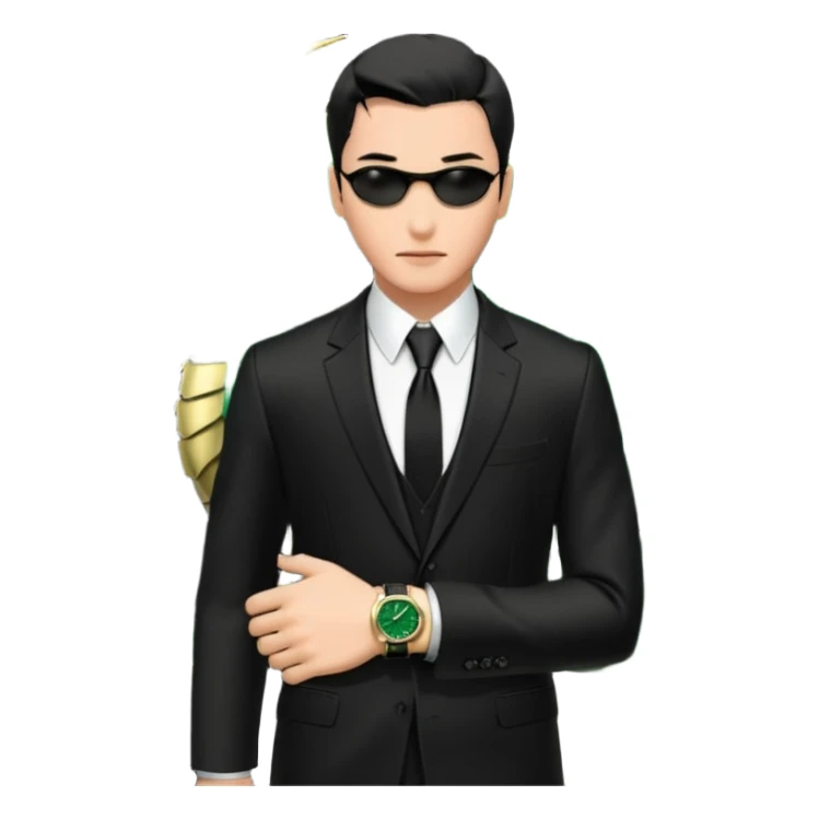 mysterious scenery: green audemars piguet watch (without text), black bugatti, and a dark green dragon, and a mysterious agent from The Matrix with his eyes censored sticker