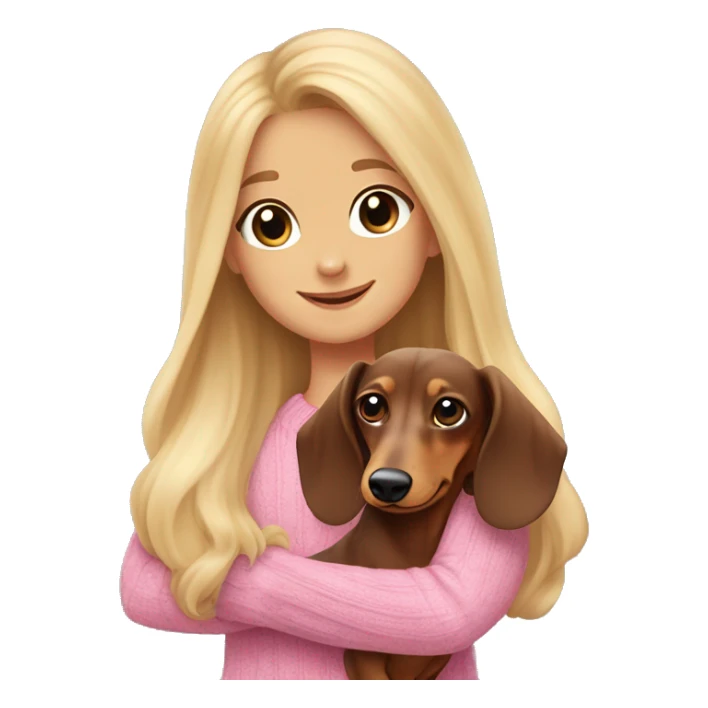 a cheerful long-haired brown marble dachshund in full height on the side in the arms of a blonde girl with blue eyes in a pink sweater sticker