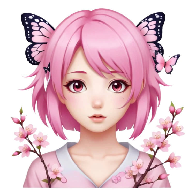 A Gorgeous Beautiful Anime Lady Sakura Cherry Blossom and Pretty Hair, pastelcore aesthetic, pastel pink and white, butterfly, Fairycore sticker