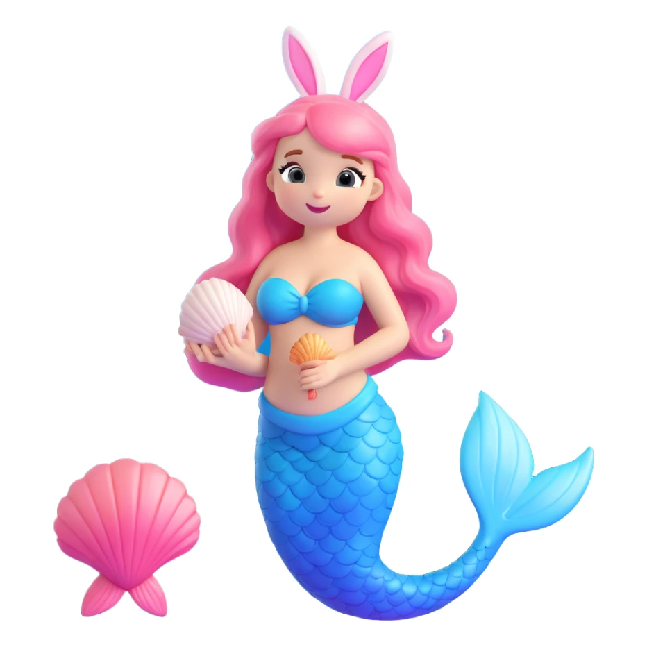 3D iOS-style illustration of a cute bunny mermaid holding a singing seashell, soft pastel colors, mermaid tail with gradient pink and blue hues, gentle whimsical expression, smooth rounded glossy style, Apple 3D emoji look sticker