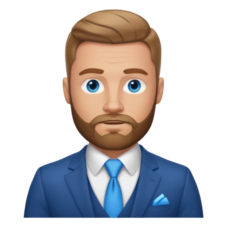 create a master of tactical finesse, a muscled white man in a bespoke suit, blue eyes with a beard sticker