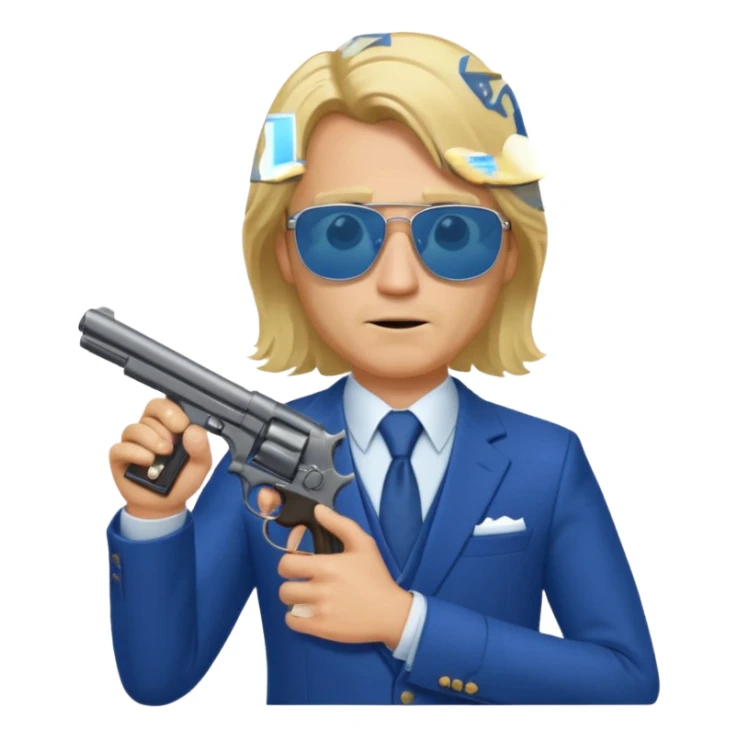 A blond man in a blue suit with a Colt pointing forward. The audience , and long hair and san glasses sticker