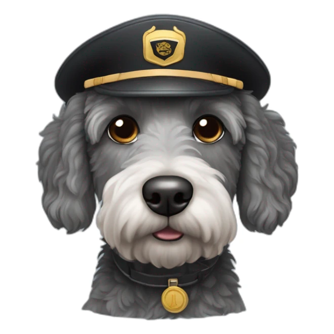 sad grey and black labradoodle dog's face with pilot cap on sticker
