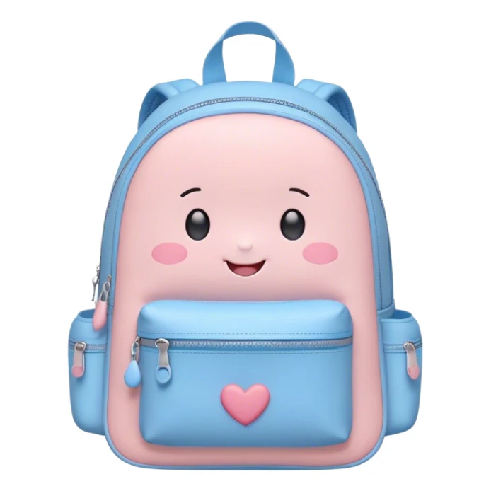 Cute Kawaii Backpack, round and chubby, soft pastel pink and blue, tiny heart-shaped zippers, blushing cheeks, a tiny smiling face, a happy school-time companion! sticker