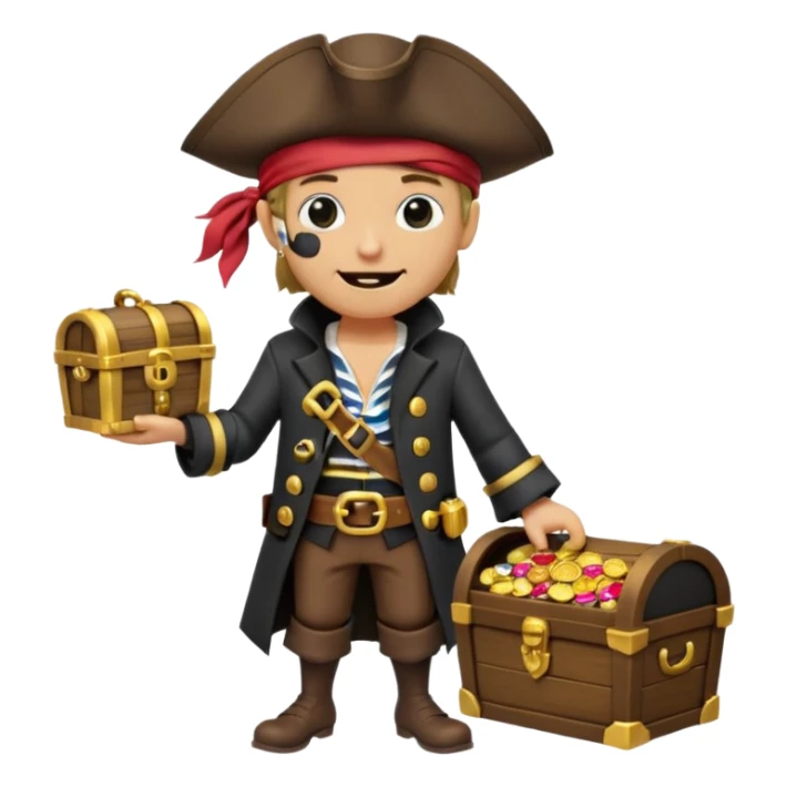 A 3D cartoon pirate character with one eye covered by a black eye patch, holding a treasure chest filled with gold coins and jewels, standing on sandy ground, wearing a pirate hat and coat, warm sunset lighting, realistic Memoji-style rendering. sticker