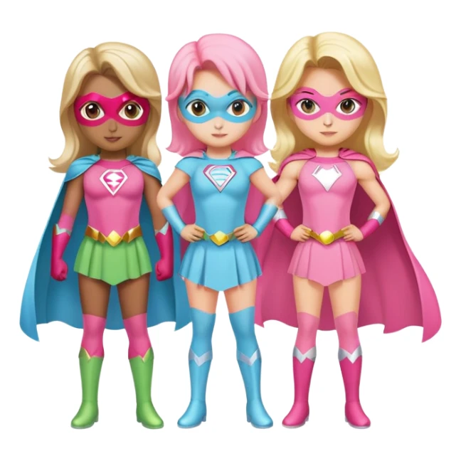 three superhero girls standing together - one in light blue costume, one in pink costume, and one in light green costume sticker