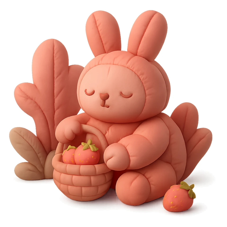 bunny picking strawberries in the woods, sweet pastel red, cushion style sticker